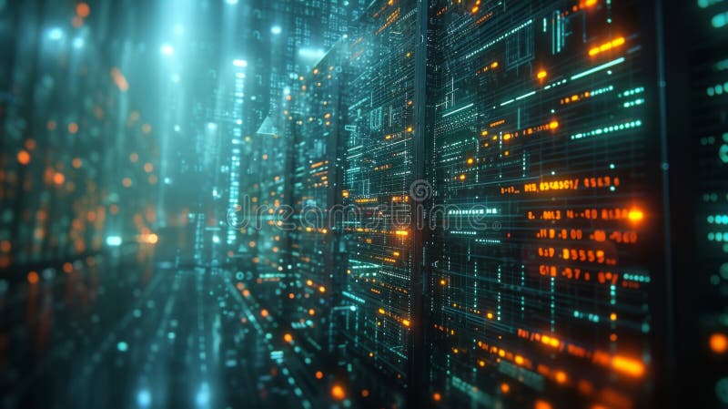 A futuristic data center with servers and screens displaying an endless stream of data and information. The center is royalty free stock photos