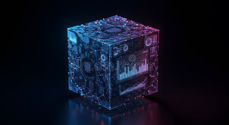 Futuristic Data Cube: A 3D Visualization of Digital Information and Network Connectivity stock illustration