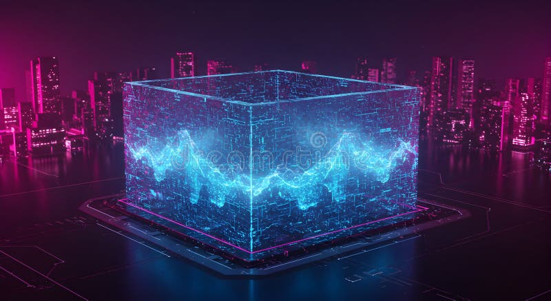 Futuristic data cube floating above the cityscape illuminated in neon colors stock illustration