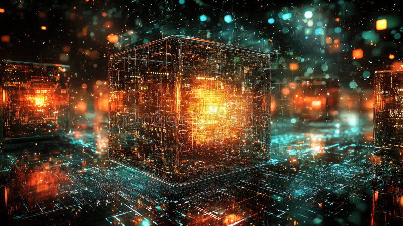 Futuristic data cubes in dark digital space with intricate patterns and glowing lights stock illustration