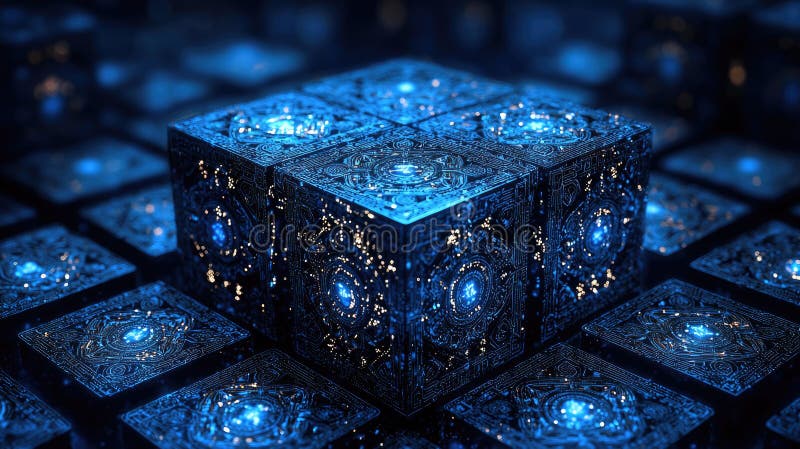 Futuristic data cubes in a dark digital space for technology and innovation background design royalty free illustration
