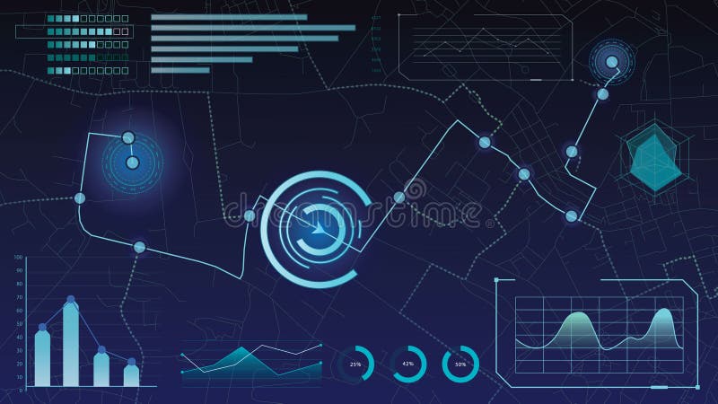 Futuristic data interface with glowing charts, timeline, digital radar and geographic analysis elements. vector illustration