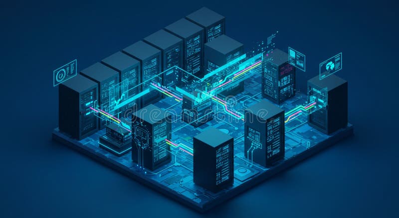 Futuristic data network visualization featuring an isometric layout of interconnected vector illustration