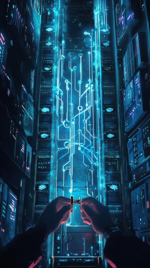 Futuristic data processing hands-on digital interface stock photo