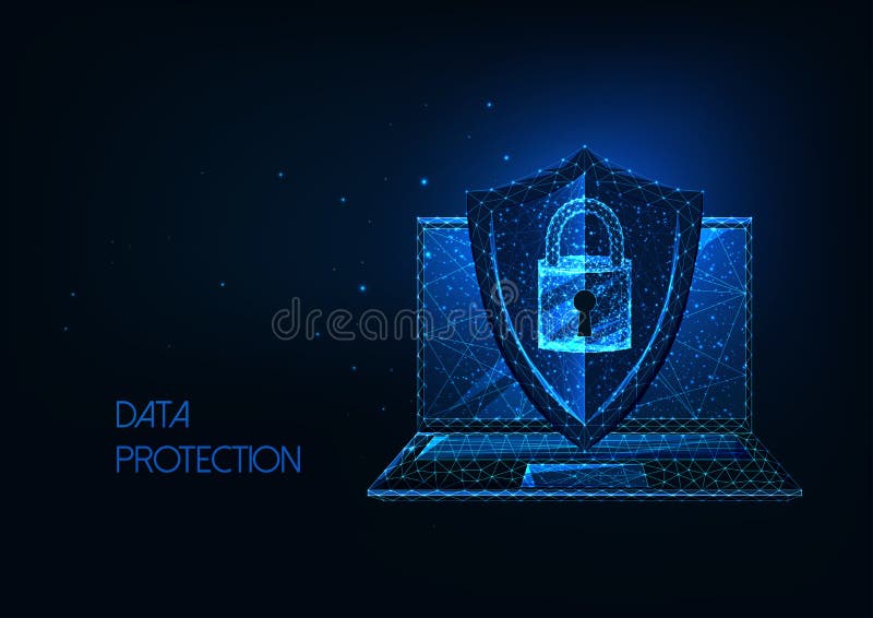 Futuristic data protection concept with glowing low polygonal laptop and protective shield with access lock stock illustration
