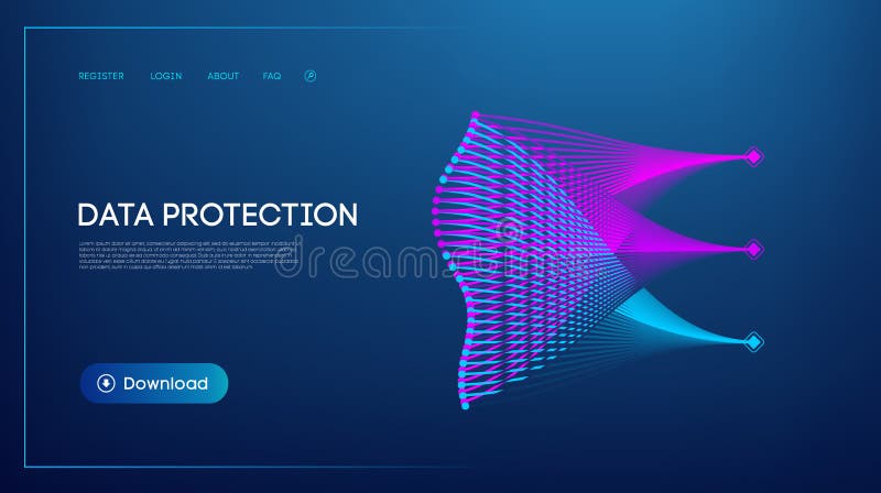 Futuristic data protection website interface with abstract digital security visualization, glowing network connections, and modern royalty free illustration