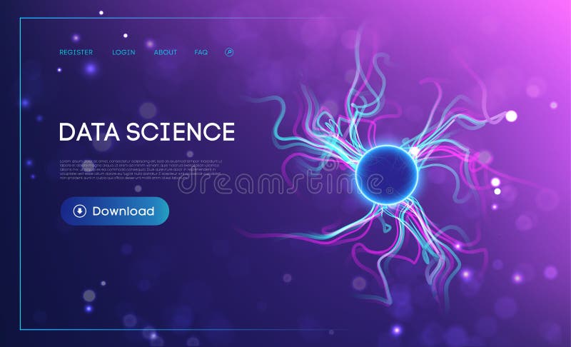Futuristic data science landing page with glowing blue energy sphere, abstract neural connections, and vibrant electric light stock illustration
