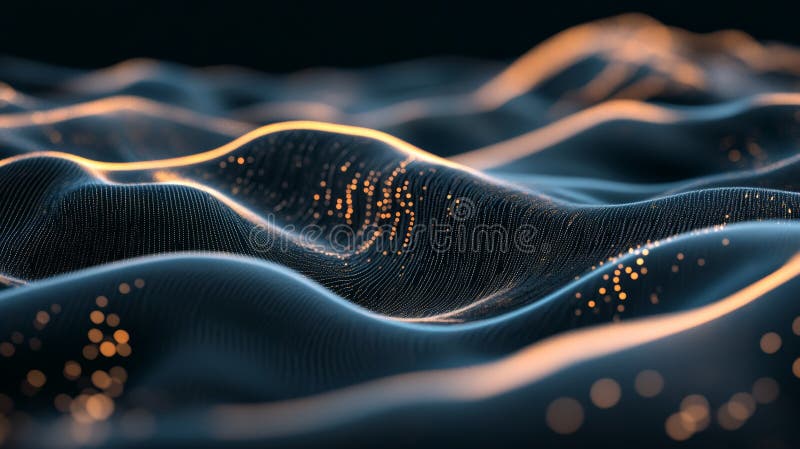 Futuristic Data Stream Network with Waves and Glowing Particles stock illustration
