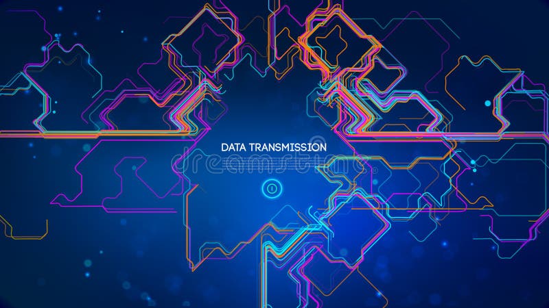 Futuristic data transmission concept with glowing neon circuit lines on dark blue background, digital network, technology flow royalty free illustration