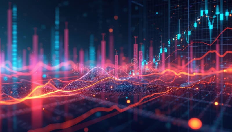 Futuristic data visualization showing regression analysis with dynamic trend lines, complex background. Business, financial tech vector illustration