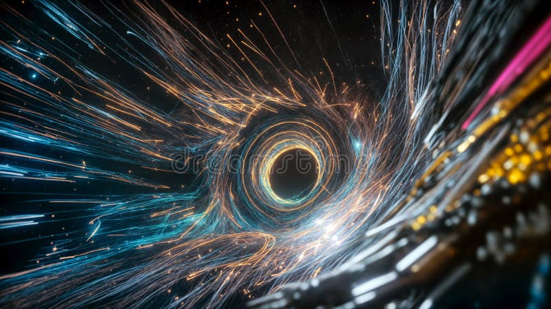Futuristic Data Vortex in Cyberspace Illustrating Digital Flow and Communication. Capturing the essence of digital complexity, this image features an abstract vortex that draws the eye into its center, suggesting a portal or a black hole in a cosmic setting. The swirling patterns are crafted in vibrant shades of blue and gold, creating a visual metaphor for the dynamic and continuous flow of information in the digital realm. Tiny particles seem to be caught in the gravitational