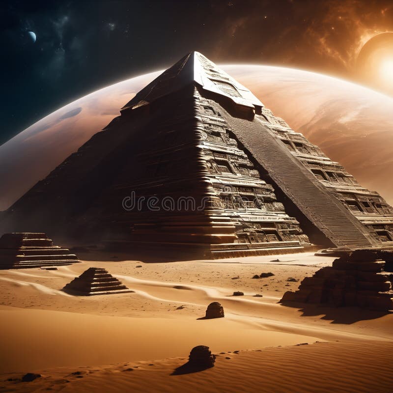 Futuristic Desert Pyramid at Sunset stock photos