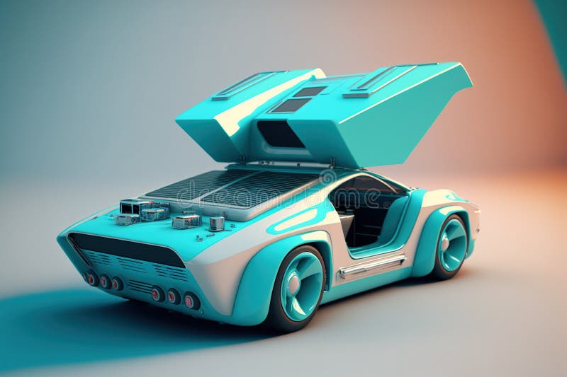 Futuristic Design of an Electric Car White and Blue Colors Stock