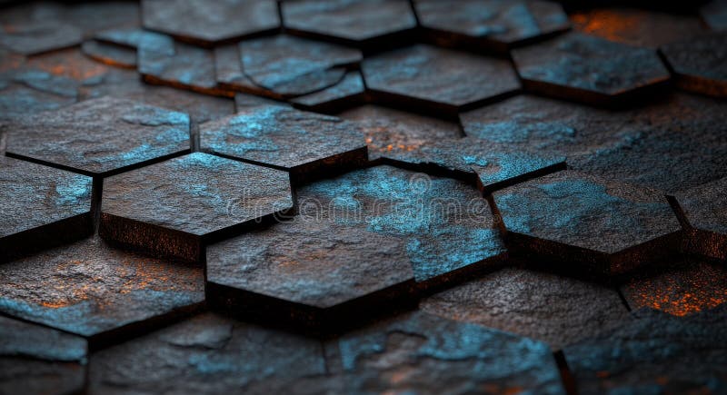 Futuristic design is embodied in Cybernetic Hexagons through the use of textured, interconnected hexagons and neon blue stock photo