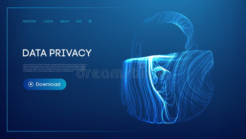 Abstract glowing lock with flowing blue contour lines symbolizing secure data protection and data privacy. stock illustration