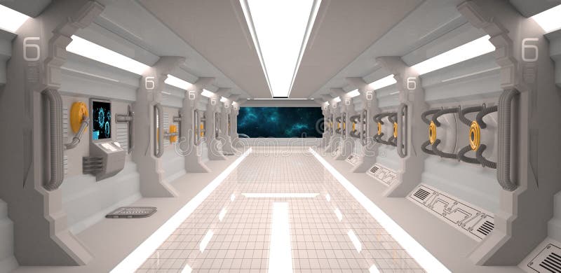 Futuristic design spaceship interior with metal floor and light panels