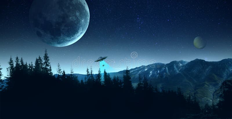 Futuristic design for wallpaper, background, poster with giant moon image at dark sky with UFO and human falling. Forest