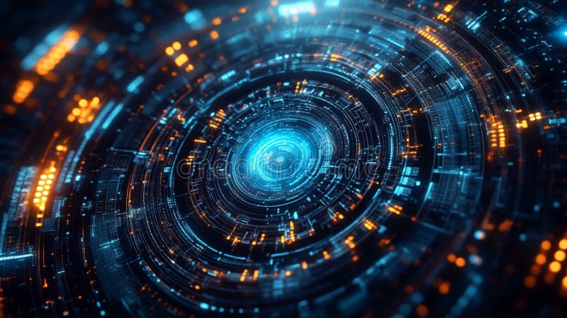 Abstract Digital Technology Circular Glowing Lines Blue Orange Futuristic Background Art Data Cyber Space vector illustration