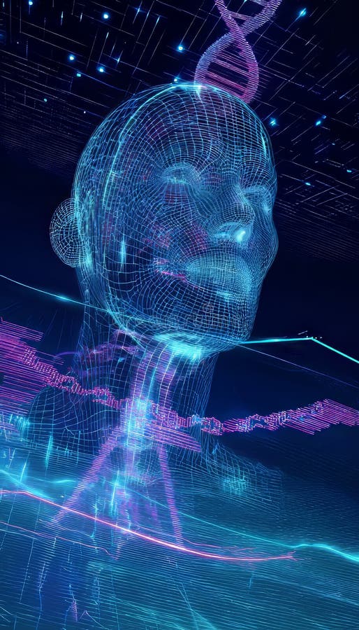 Futuristic digital art of a wireframe head in cyberspace with dna strands and glowing data points stock illustration
