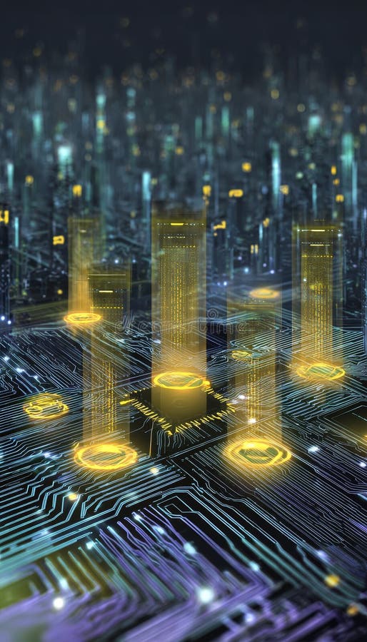 Futuristic digital artwork of a circuit board with luminous pathways and floating holograms stock illustration