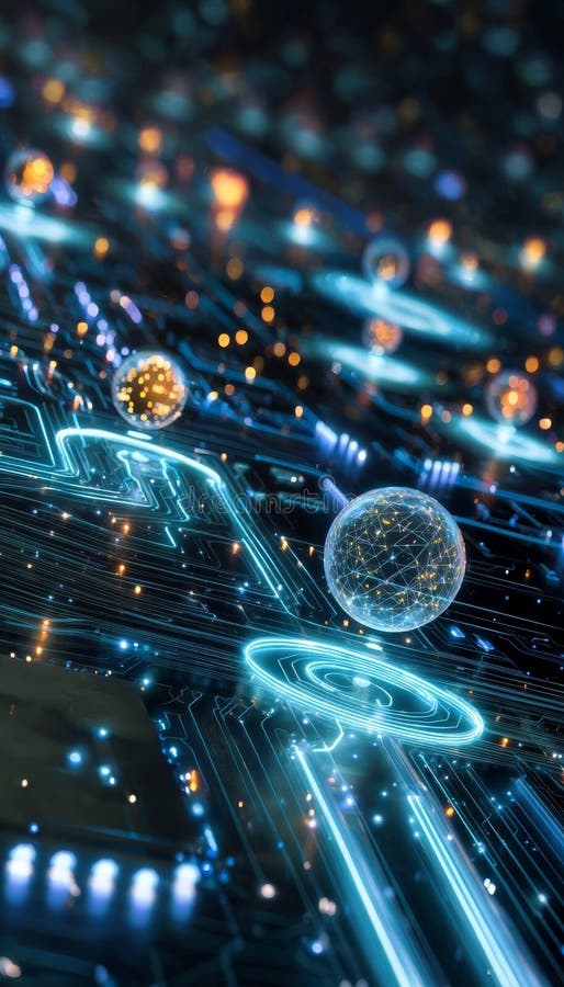 Futuristic digital artwork of a detailed circuit board with luminous pathways and floating holograms royalty free illustration