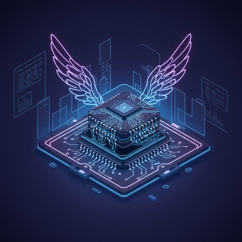 A futuristic digital artwork featuring a glowing computer chip with intricate circuitry vector illustration