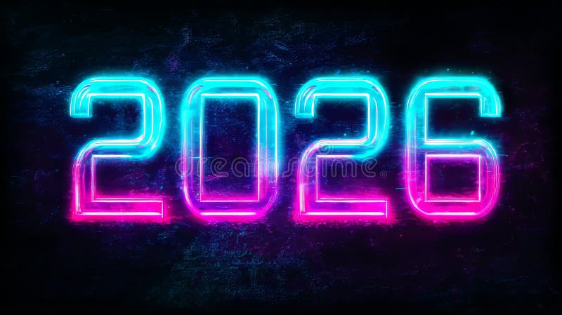 Futuristic digital artwork featuring 2026 in neon lights against a dark textured background royalty free illustration