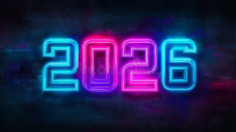 Futuristic digital artwork featuring 2026 in neon lights with vibrant cyan and magenta glow vector illustration