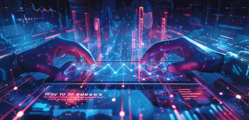 Futuristic digital artwork of hands interacting with data on a tablet, representing technology and success royalty free stock photo
