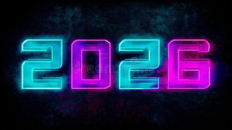 Futuristic digital artwork of 2026 in neon lights with vibrant colors on a dark textured background stock illustration