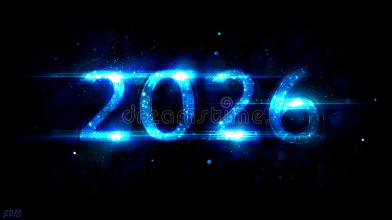 Futuristic digital artwork of the year 2026 in electric blue glow against a dark background stock illustration