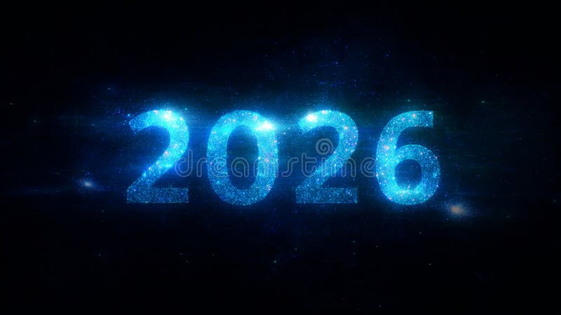 Futuristic digital artwork of the year 2026 glowing in electric blue light against dark background stock illustration