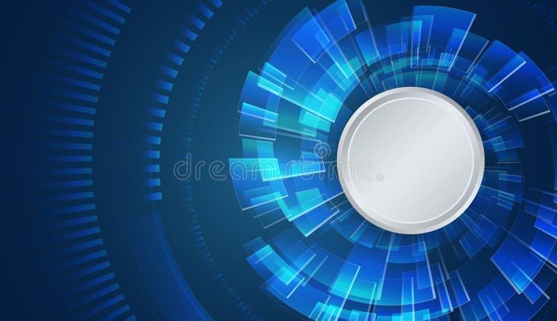 Futuristic digital background with a circular design and glowing blue geometric shapes. Ideal for high-tech, innovation, science stock illustration