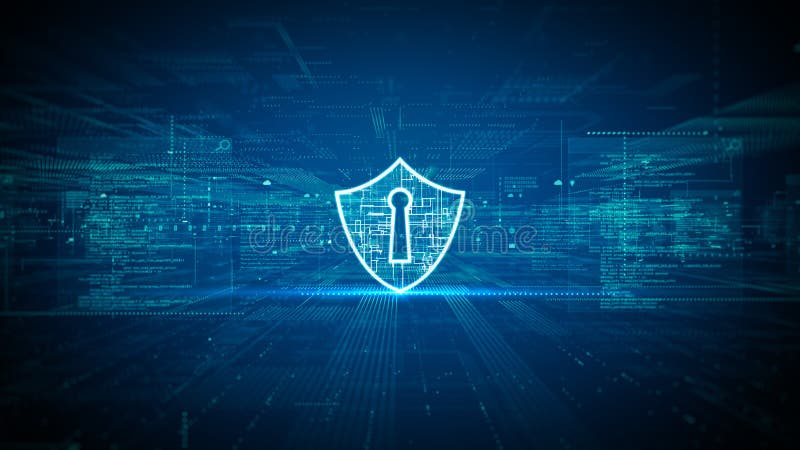 Futuristic digital background featuring a glowing shield with a keyhole, representing cybersecurity, digital data network royalty free illustration