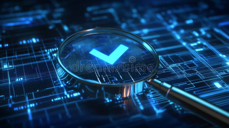 Futuristic digital background featuring a magnifying glass and a glowing blue check mark royalty free illustration