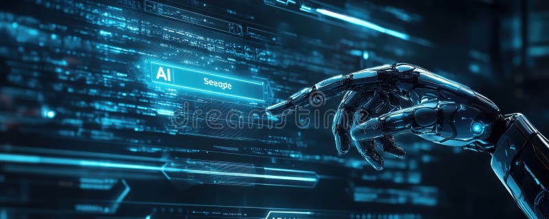 Futuristic digital interface with robotic hand interacting with artificial intelligence technology stock photo