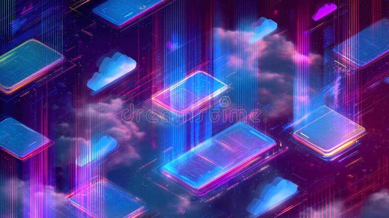 Futuristic digital background with floating smartphones, glowing 5g lines, and data streams vector illustration