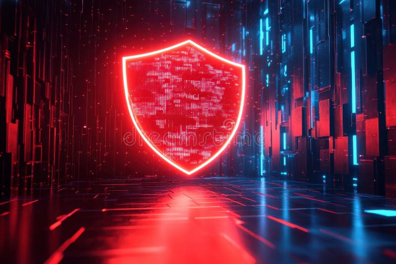Futuristic Digital Background with Neon Shield for Cyber Security and Data Protection royalty free stock photos