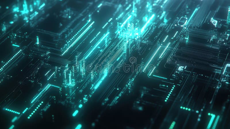 A futuristic digital circuit board with glowing lines and nodes representing advanced technology royalty free illustration