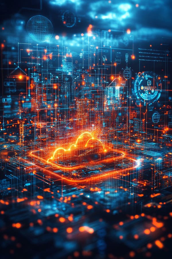 Futuristic Digital Cityscape, Business and Technology Convergence, Abstract Background stock illustration