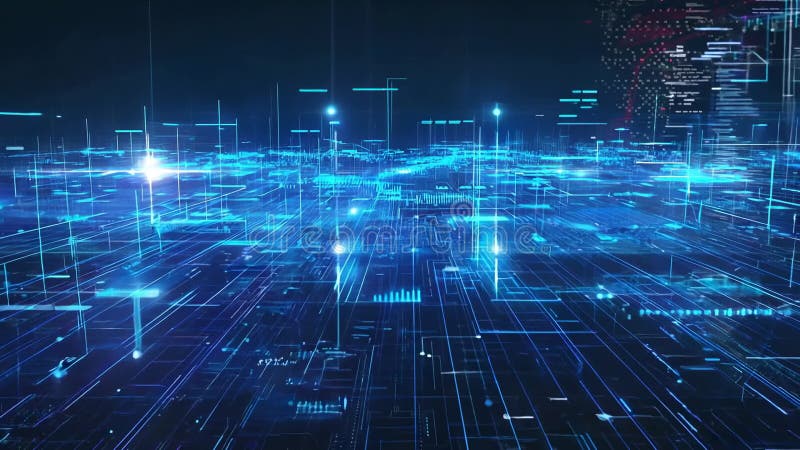 Futuristic Digital Cityscape: Neon Grid and Data Network Concept Design for Technology Themes Generative AI stock illustration