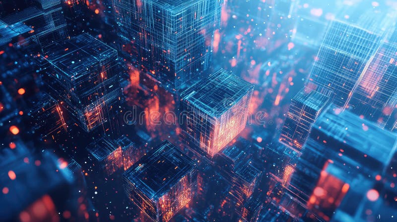 Digital city architecture with glowing wires and connecting particles representing data streams, blockchain technology, and advanced computing in a virtual cyberspace. Blockchain network analysis stock images, royalty-free photos and pictures