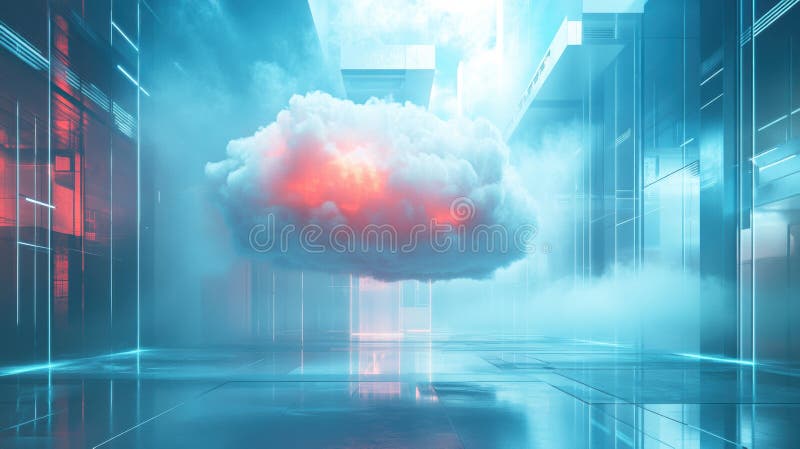 Futuristic digital cloud, cutting-edge banner displaying a glowing digital cloud in a soft blue digital space with stock photos