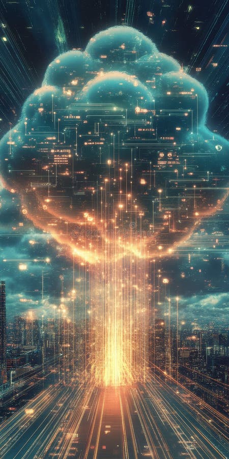 Futuristic Digital Cloudburst : Upplysande datanätverk i ett cybernetiskt Cityscape stock illustrationer