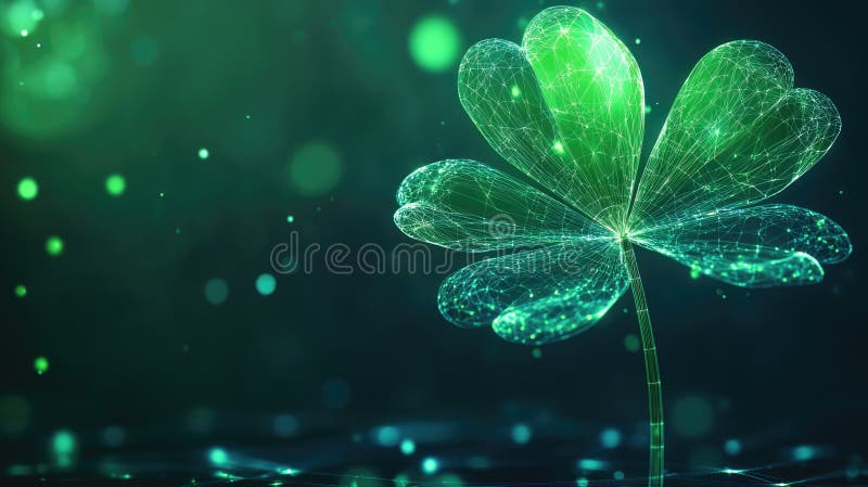 Futuristic digital clover with glowing green network on dark background. Happy St. Patrick's Day. Saint Patrick royalty free illustration