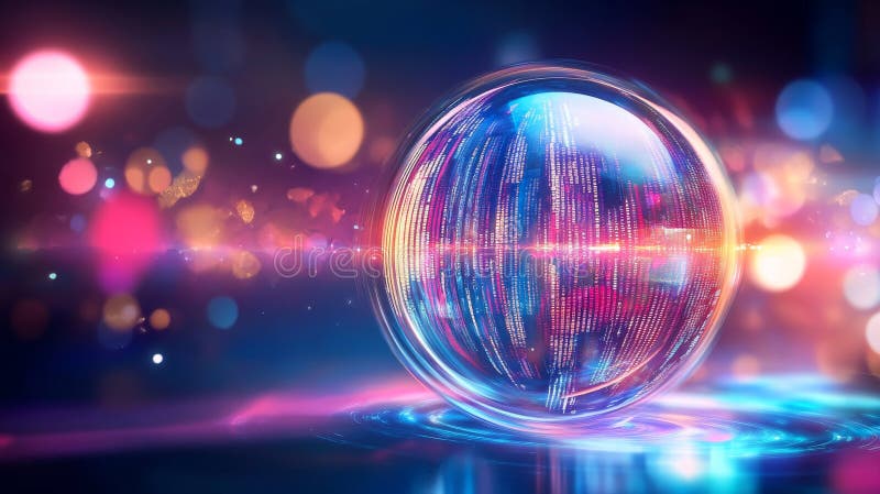 Futuristic digital code swirling inside a glowing sphere in a realistic photo capture royalty free illustration