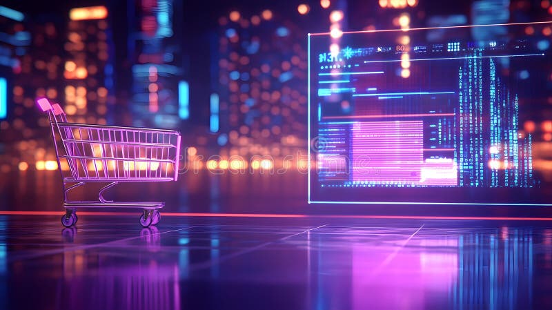 Futuristic Digital Commerce with Glowing Shopping Cart royalty free illustration