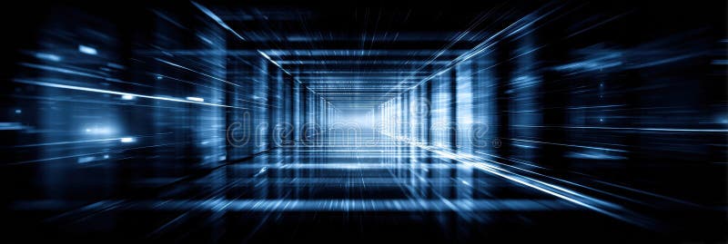 Futuristic Digital Corridor With Glowing Blue Lines and Depth Perspective for Immersive Experience royalty free stock images