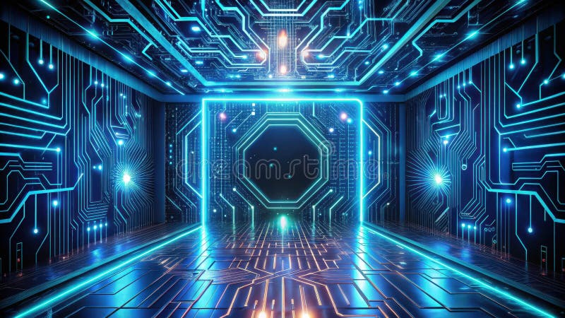 Futuristic digital corridor glowing circuitry walls and illuminated pathways lead to a central octagonal portal. Generative AI vector illustration
