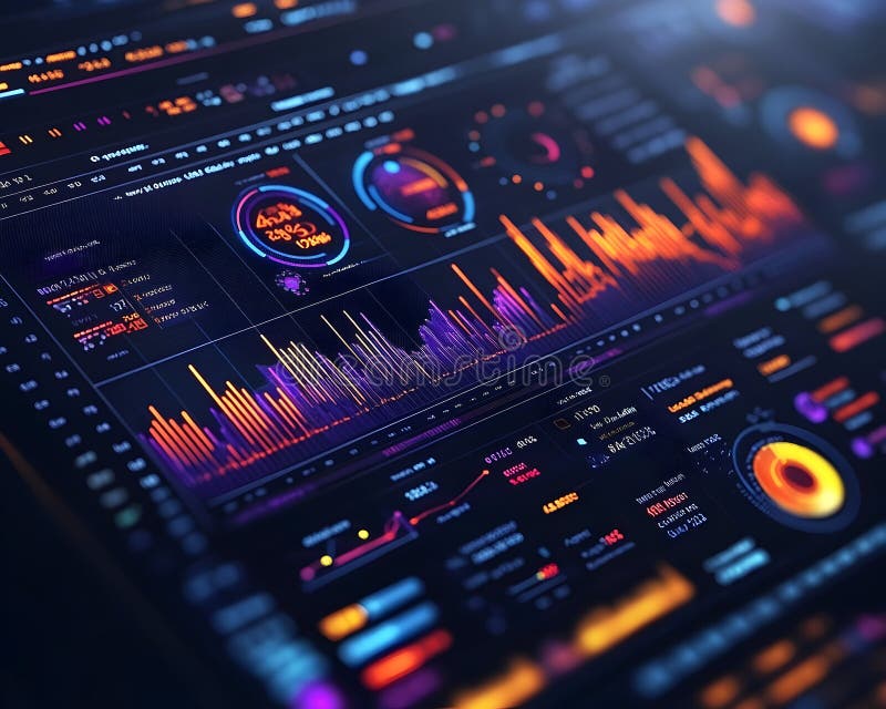 Futuristic digital dashboard with colorful data visualizations. Close-up view of a digital dashboard displaying various data visualizations and metrics in vibrant colors. The display features charts, graphs, progress bars, and data points, conveying information and performance indicators. The interface is modern and futuristic